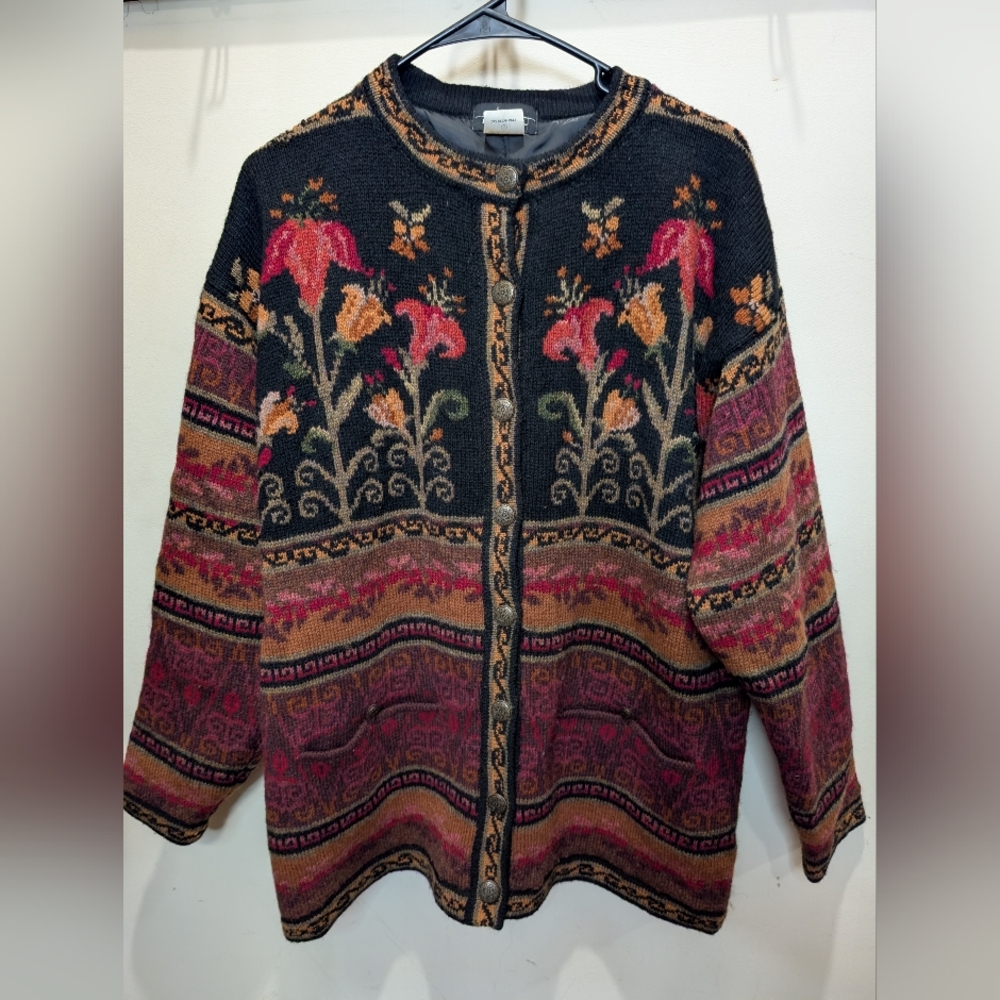 Vintage Icelandic Design Wool Floral Sweater Jacket Nordic 100% Shetland Wool
